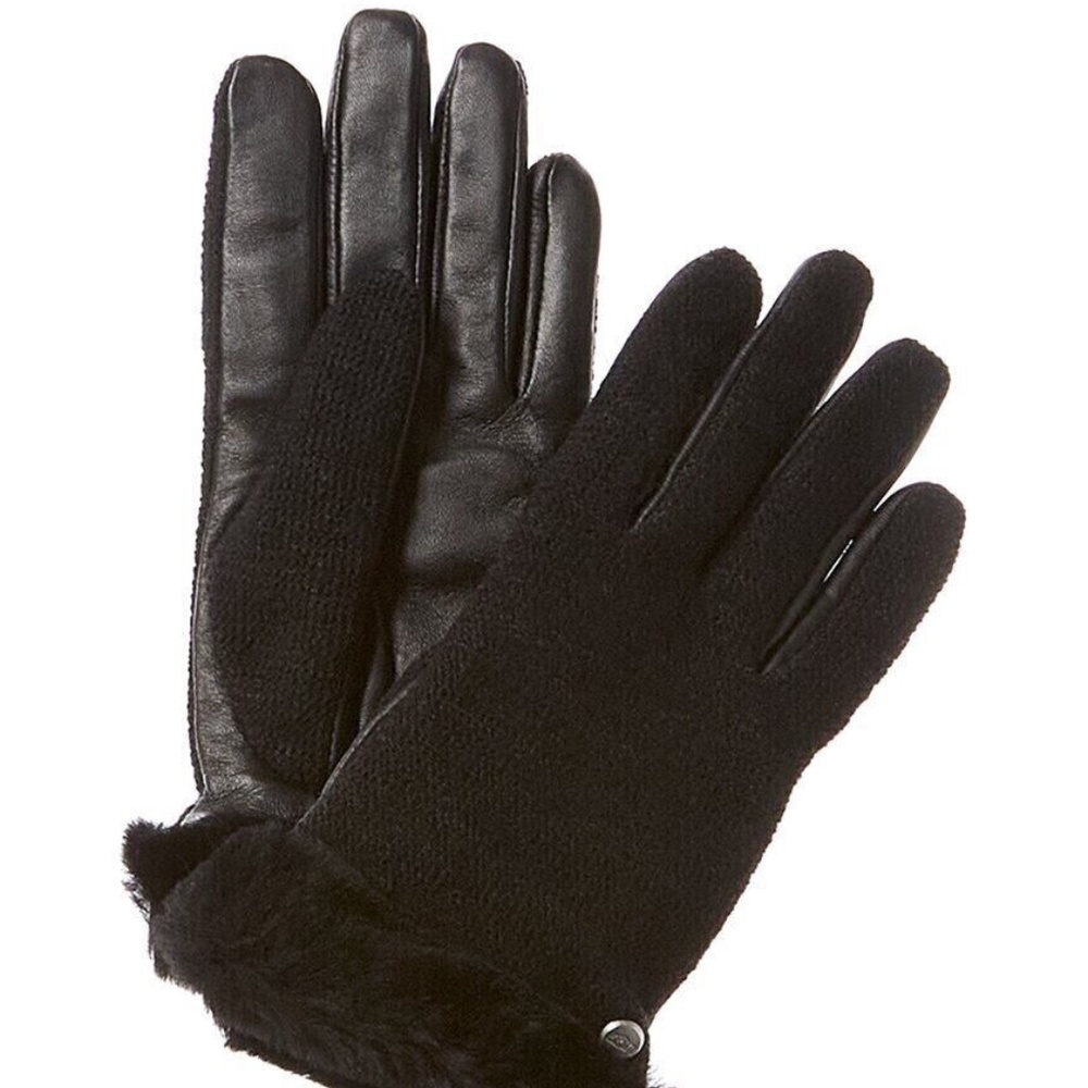 Brand New UGG Wool Black Leather Shorty Touchscreen Tech Gloves Sheepskin Cuff S